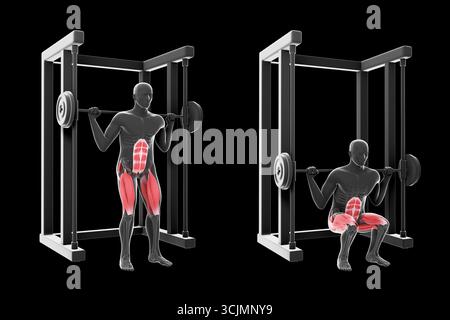 Questa illustrazione in 3d mostra un uomo radiografico che esegue la potenza di squat su uno sfondo nero Foto Stock