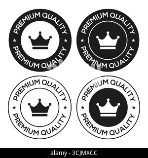 Icona piatta con etichetta o sigillo di qualità superiore. Set di vettori con logo pieno e nero di alta qualità con icone a corona ed etichette a sigillo rotonde Illustrazione Vettoriale