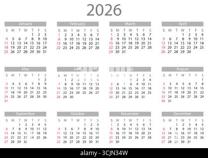 Disposizione minimalista del calendario 2026 con tutti i mesi evidenziati. Illustrazione Vettoriale