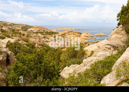 Vista della costa frastagliata di Cala Candeo con rocce granitiche, fitta vegetazione mediterranea e mare turchese sull'isola di Caprera, Sardegna, Italia. Foto Stock