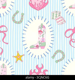Motivo Cowgirl senza cuciture. Tema western cowboy, stivali, cuore fiamma, dadi, ferro di cavallo e arco coquette. Stampa di cartoni animati disegnati a mano su sfondo blu a righe. Carta da parati vettoriale, t-shirt, carta da imballaggio vintage. Illustrazione Vettoriale