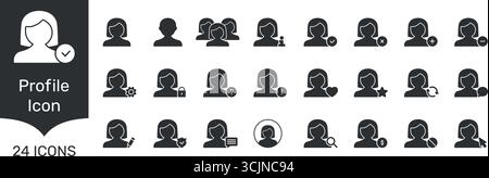 Set di icone Solid per account utente e interfaccia profilo. Raccolta di simboli silhouette per avatar, Login, verifica ed elementi di comunicazione. Isolato Illustrazione Vettoriale