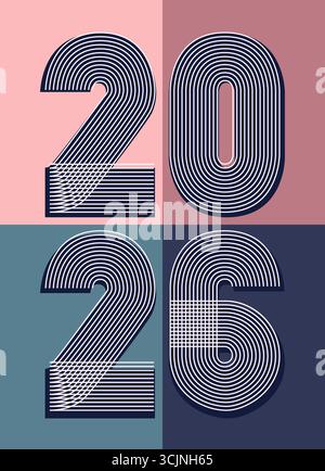 Sfondo retro copertina con numero verticale 2026 su sfondo geometrico color pastello. Illustrazione vettoriale del design grafico per felice Natale Illustrazione Vettoriale