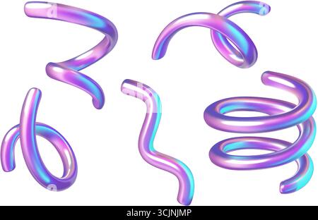 Set di elementi vettoriali olografici iridescenti astratti a spirale 3D. Illustrazione Vettoriale