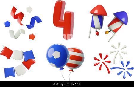4 luglio collezione di elementi vettoriali e icone 3d per il design natalizio blu, rosso e bianco Illustrazione Vettoriale