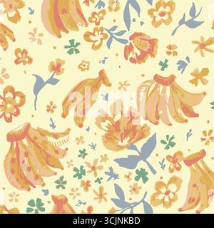 Vivace motivo senza cuciture caratterizzato da un albero di banana tropicale con foglie verdi lussureggianti su sfondo bianco puro, perfetto per tessuti, carta da parati e desi Illustrazione Vettoriale