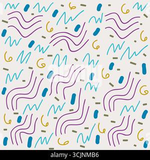 Motivi astratti colorati con scarabocchi e forme geometriche su sfondo blu illustrazione vettoriale Illustrazione Vettoriale