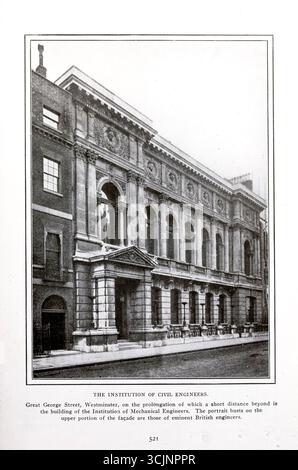 L'ISTITUZIONE DEGLI INGEGNERI CIVILI. Great George Street, Westminster, sulla quale a breve distanza si trova l'edificio dell'Institution of Mechanical Engineers. I busti ritratti sulla parte superiore della facciata sono quelli di eminenti ingegneri britannici. Dall'articolo LE CASE DELLE GRANDI SOCIETÀ INGEGNERISTICHE. Di Henry Harrison Suplee. Dalla rivista Engineering dedicata al progresso industriale volume XXVI ottobre 1903 - marzo 1904 The Engineering Magazine Co Foto Stock