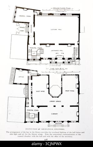 ISTITUZIONE DI INGEGNERI MECCANICI. La disposizione della baia nella biblioteca prevede l'illuminazione dall'alto della sala sottostante e anche luce e aria per le ali della biblioteca. Si noti la comoda comunicazione della camera del consiglio con la sala e con l'ufficio del segretario. Dall'articolo LE CASE DELLE GRANDI SOCIETÀ INGEGNERISTICHE. Di Henry Harrison Suplee. Dalla rivista Engineering dedicata al progresso industriale volume XXVI ottobre 1903 - marzo 1904 The Engineering Magazine Co Foto Stock