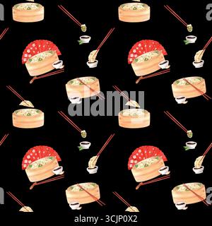 Motivo senza cuciture su sfondo nero con gnocchi cinesi acquerelli, ventaglio rosso, bacchette da mangiare, cestello per la cottura a vapore in bambù. Illu di acquerello disegnato a mano Foto Stock