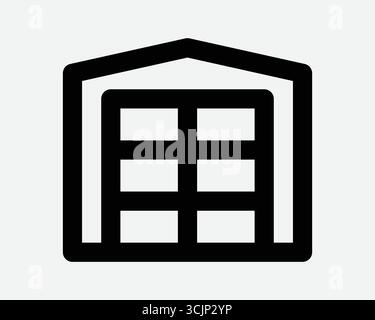 Icona Storehouse Line con unità di conservazione. Delineare il simbolo grafico dell'immagine simbolo dell'edificio del magazzino per lo stoccaggio di scatole e contenitori di carico o di spedizione Illustrazione Vettoriale