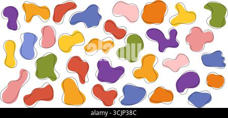Collezione di colorate forme liquide amoeba blob con tratto decorativo, elementi astratti organici in striscia orizzontale su sfondo bianco. St Illustrazione Vettoriale