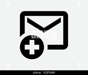 Icona nuovo messaggio composizione aggiuntiva posta elettronica lettera di comunicazione postale simbolo posta in arrivo notifica aggiunta di segno più contorno grafico nero corrispondente Illustrazione Vettoriale