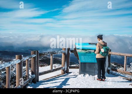 Donna con zaino legge un cartello informativo su una piattaforma innevata in cima all'Eorimok Trail, Hallasan, Jeju. Punto panoramico sopra le nuvole. Foto Stock