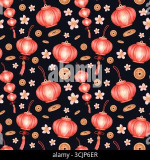 Motivo senza cuciture su sfondo nero con lanterna di carta cinese ad acquerello rosso, fiori di ciliegio, monete cinesi. Capodanno lunare. Acquerello disegnato a mano Foto Stock
