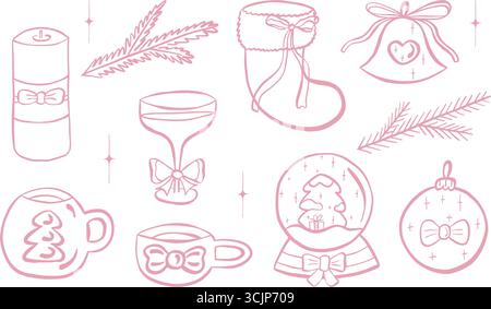 Set natalizio Coquette core. Elementi isolati rosa disegnati a mano per design 2026. Stravagante collezione. Illustrazione Vettoriale