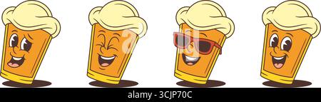 Il personaggio della mascotte giallo brillante della birra del cartone animato è leggermente inclinato, mostrando emozioni gioiose e giocose attraverso elementi facciali espressivi, perfetti per il divertimento Illustrazione Vettoriale