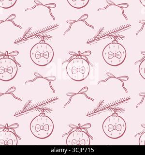 Motivo natalizio Coquette core senza cuciture. Linea disegnata a mano arco isolato rosa con nastro e sfera. Stampa stravagante. Illustrazione Vettoriale