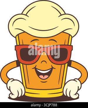 Mascotte di birra gialla a forma di piccolo bicchiere con grande testa schiumosa indossando occhiali da sole rossi, sorridendo con sicurezza con le mani sui fianchi. Perfetto per il brandin Illustrazione Vettoriale