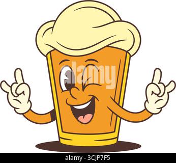 Divertente mascotte in vetro da birra cartoni animati con la parte superiore in schiuma che strizza l'occhio e fa segni di roccia con entrambe le mani. Design divertente ed energico per temi di intrattenimento. Illustrazione Vettoriale