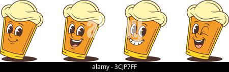 Il personaggio della mascotte giallo brillante della birra a fumetti è leggermente inclinato, esprimendo emozioni gioiose attraverso espressioni facciali vivaci e giocose, perfette per chi è in viaggio Illustrazione Vettoriale