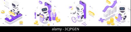 Illustrazione vettoriale isometrica che raffigura i robot che utilizzano l'intelligenza artificiale per l'automazione aziendale, il calcolo finanziario, la promozione di marketing e. Illustrazione Vettoriale