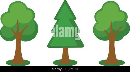 Set di alberi stilizzati con forme arrotondate e di pino sull'erba Illustrazione Vettoriale
