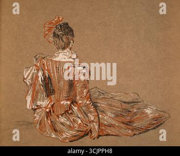 Donna seduta, disegno a pastello dell'artista francese del XVIII secolo, Jean Antione Watteau, originariamente al British Museum Foto Stock
