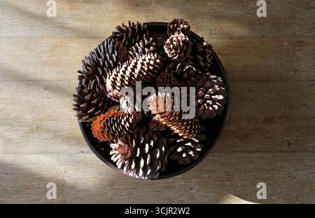 coni di pino in una ciotola di legno su un vecchio piano di quercia Foto Stock