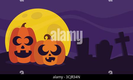 Illustrazione piatta di zucche sorridenti e sagoma del cimitero a mezzanotte spaventosa. Illustrazione di sfondo di Halloween Illustrazione Vettoriale