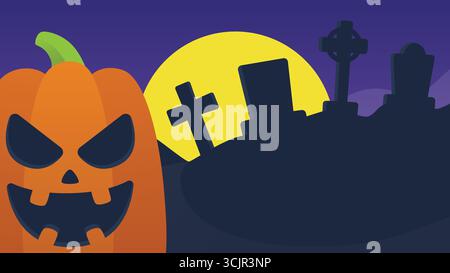 Sfondo orizzontale a tema Halloween con illustrazione di zucca sorridente e sagoma del cimitero contro il cielo viola con una luna piena luminosa Illustrazione Vettoriale