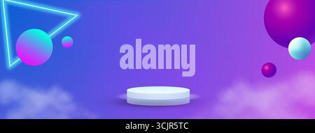 Sfondo geometrico 3D astratto con triangolo al neon, sfere sfumate colorate e un piedistallo rotondo su sfondo sfumato viola Foto Stock