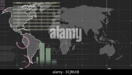 Dashboard finanziario visualizzato su schermo scuro, con diagrammi ad anello, grafici a barre e a linee sulla mappa mondiale Foto Stock