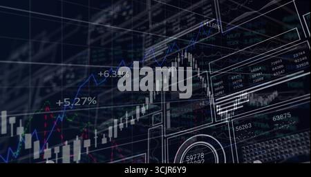 Visualizzazione del dashboard di trading sullo schermo che mostra grafici a candele, linee al neon e etichette percentuali Foto Stock