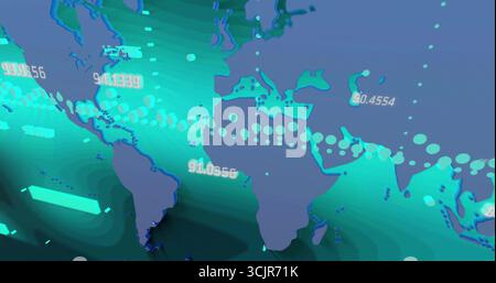 Mostra la mappa digitale del mondo mobile sulla sfumatura con linee dati, nodi a barre e sovrapposizioni numeriche Foto Stock