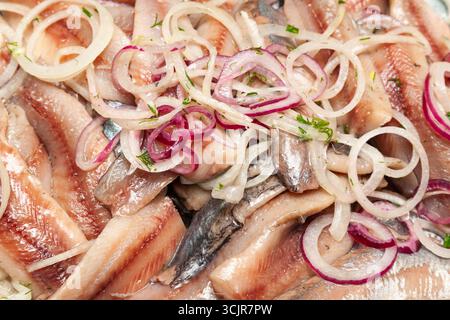 Fette di filetto di aringa marinate ricoperte di cipolle tritate ed erbe fresche, primo piano Foto Stock