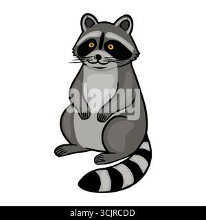 Adorabile illustrazione vettoriale di una seduta di procione cartoni animati, caratterizzata da un design giocoso con una distinta pelliccia grigia e nera, occhi gialli brillanti e un carattere Illustrazione Vettoriale
