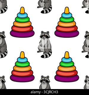 Motivo vettoriale senza cuciture con adorabili procioni cartoni animati e anelli impilabili colorati, perfetto per il design tessile dei bambini o sfondi giocosi. Illustrazione Vettoriale