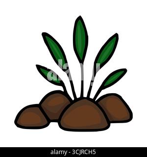 Un'immagine vettoriale stravagante di un germoglio stilizzato che emerge da tre pietre marroni, con contorni audaci e foglie verdi vivaci. Illustrazione Vettoriale