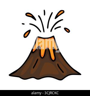 Un'allegra illustrazione vettoriale di un vulcano cartoon che erutta con lava arancione, sfoggiando uno stile disegnato a mano con contorni audaci e un semplice paletto di colori Illustrazione Vettoriale