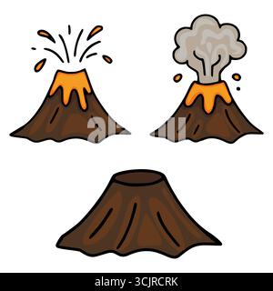 Una serie di tre illustrazioni vettoriali raffiguranti vulcani in vari stati di eruzione, che mostrano uno stile disegnato a mano con lava arancione e fumo grigio, pe Illustrazione Vettoriale