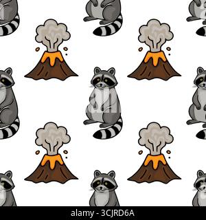 Motivo vettoriale senza cuciture con adorabili procioni cartoni accanto a vulcani in eruzione, creando un design stravagante e giocoso. Illustrazione Vettoriale
