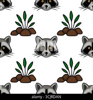 Motivo vettoriale senza cuciture con divertenti volti di procione intervallati da vegetazione stilizzata e rocce, creando un paesaggio stravagante e affascinante Illustrazione Vettoriale