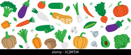 Verdure. Mangiare sano. Pepe, carote, pomodoro, aglio, funghi, avocado, zucca, broccoli, cavolo, rapa, zucchine, cipolla, ravanello, melanzane. Illustrazione Vettoriale