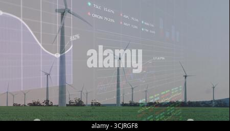 Mostra turbine eoliche bianche che torreggiano su pianure rurali, mostrando etichette di stock e sovrapposizioni cartografiche Foto Stock