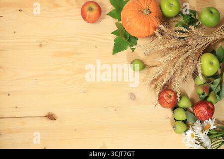 Sfondo del Ringraziamento, concetto di raccolta, composizione autunnale con frutta, bacche naturali, zucche, pere, mele, orecchie di frumento e segale, fiori su Foto Stock