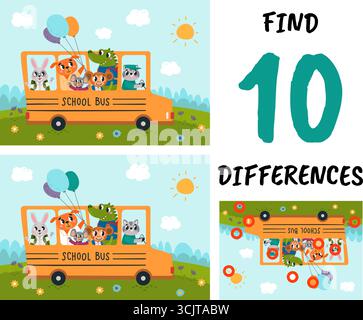 Bambini della scuola di animali che viaggiano sullo scuolabus. Simpatico cane da scimmia coniglio e autista di procione. Gioco educativo per bambini trova le differenze vettoriali Illustrazione Vettoriale