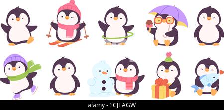 Buffi pinguini. Piccolo pinguino cartoni animati in pose diverse. Mascotte infantile, sci di uccelli del polo sud, mangiare gelato, tenere in mano pesce, animale vettore racy c Illustrazione Vettoriale