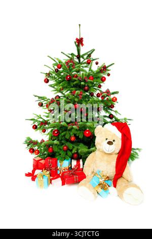 Abete Nordman (Abies nordmanniana), albero di Natale con regali di Natale Foto Stock