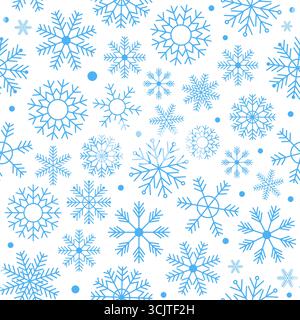 Motivo senza cuciture di fiocchi di neve blu su sfondo bianco. Illustrazione vettoriale Illustrazione Vettoriale
